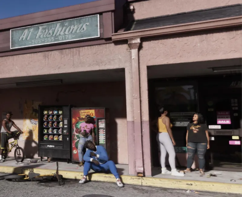 Locals hang out outside A1 Fashions on El Joven Boulevard in Southside