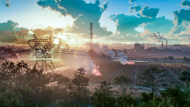 Sugar cane fields burn at sunset under power lines in Ambrosia