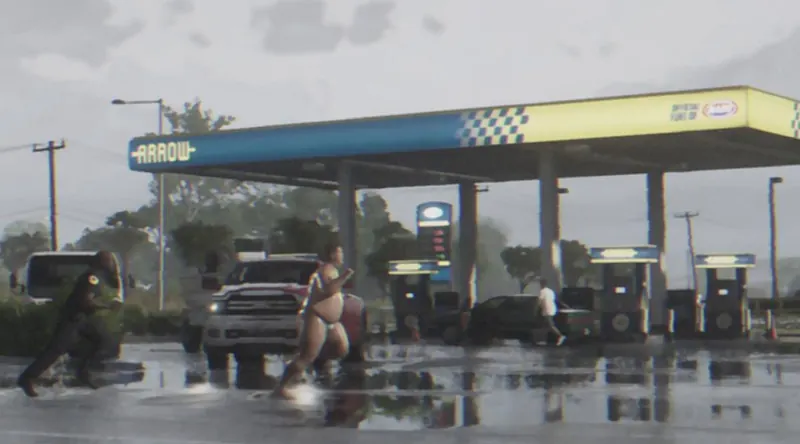 Chaos on the forecourt of an Arrow gas station on a rainy day in Belville