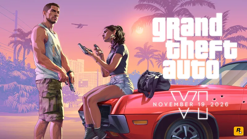 Official key art of Jason and Lucia by a red muscle car with the GTA VI logo and the November 19, 2026 date
