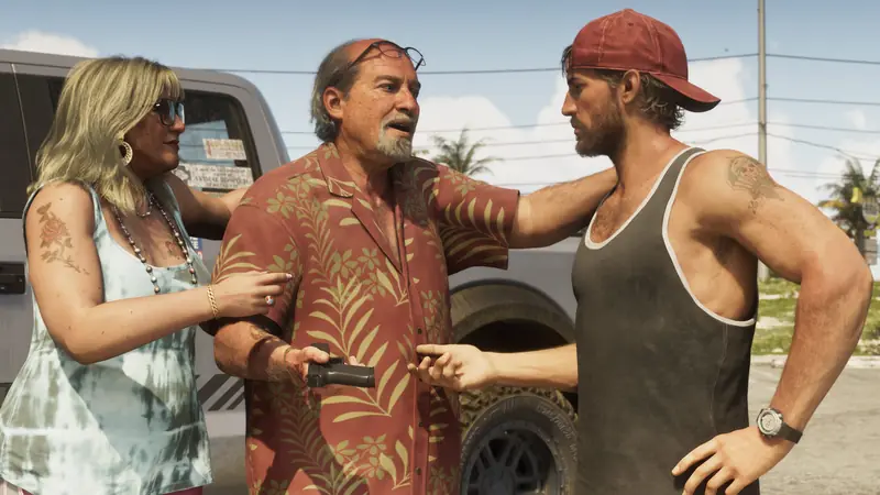 Brian Heder puts a hand on Jason’s shoulder beside a pickup truck