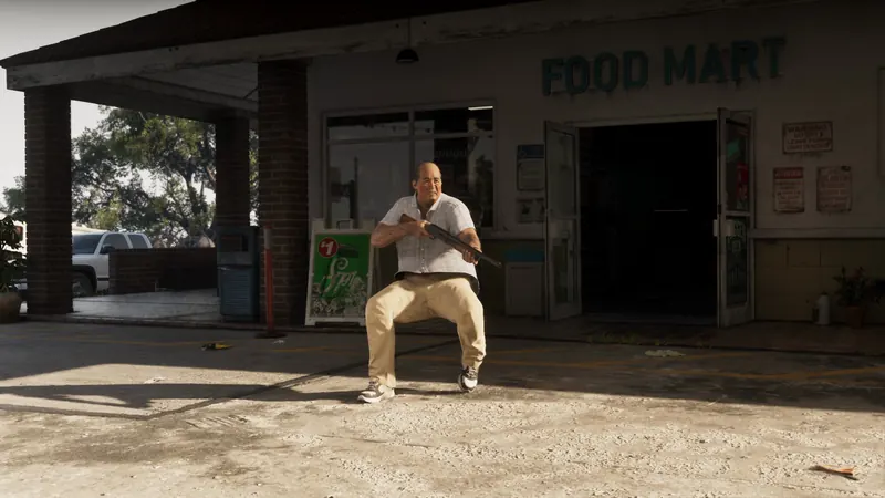 A man with a shotgun sits outside a gas station food mart in Buckskin