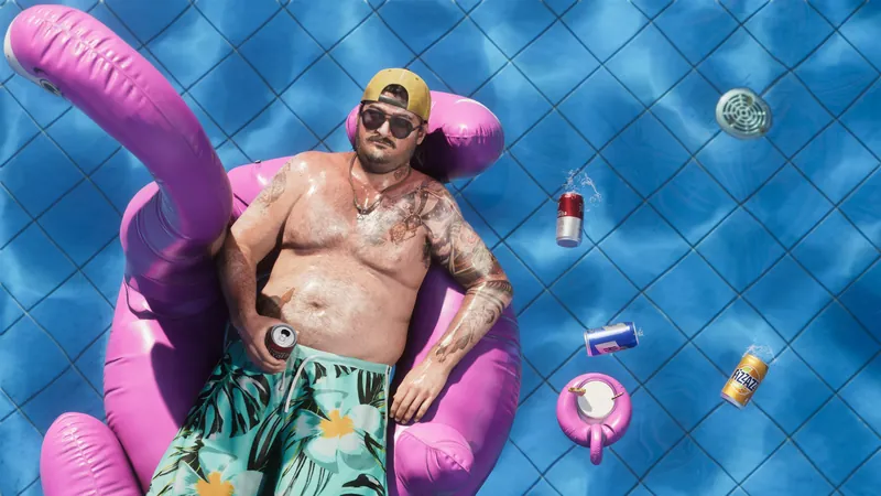 Cal Hampton lounges on a pink flamingo pool float holding a beer can