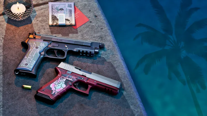 Two custom-finished pistols lie on a poolside table next to a candle