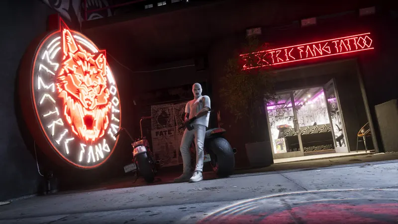 A biker stands outside the neon Electric Fang Tattoo parlour in Stockyard, Vice City