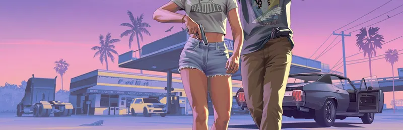 Official artwork of a couple walking to a muscle car at a gas station under a pink sky