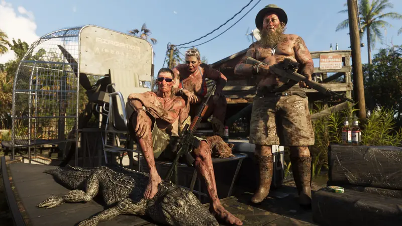 Tattooed swamp locals relax on an airboat dock next to a dead alligator