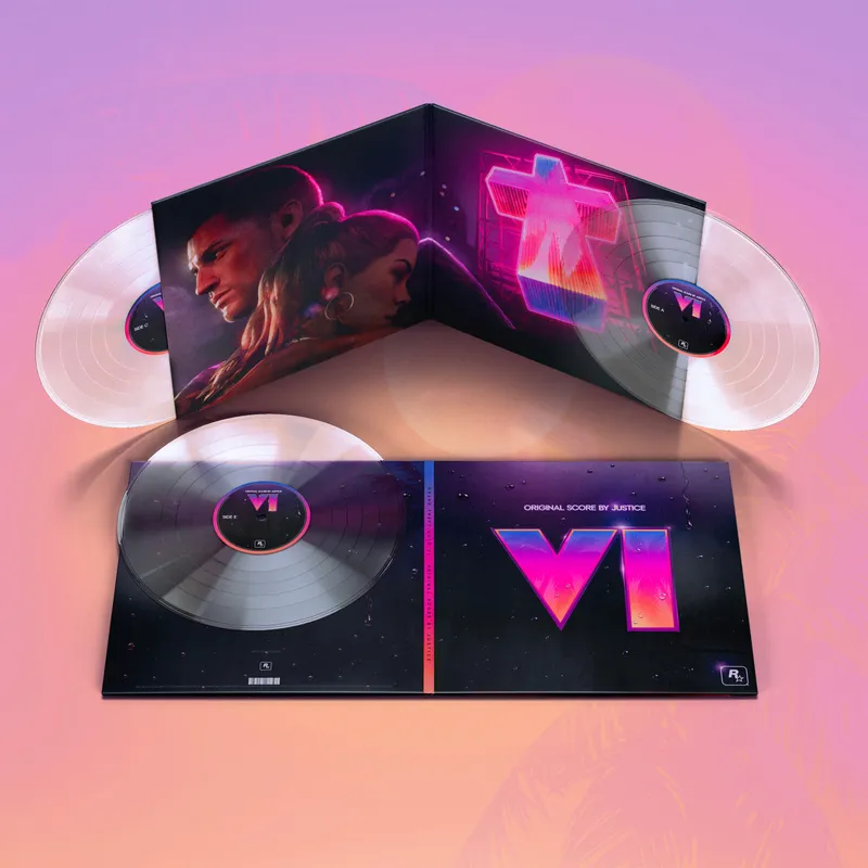 The GTA VI Original Score by Justice as a gatefold triple vinyl set with crystal-clear records