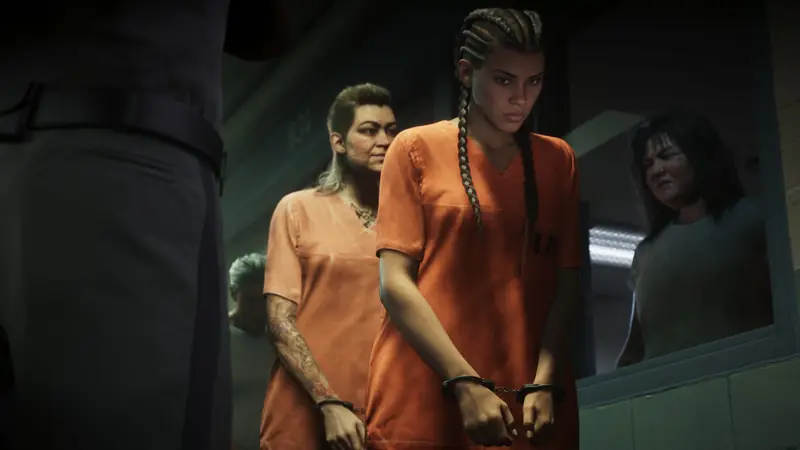 Lucia in an orange prison jumpsuit and handcuffs, waiting in line with other inmates