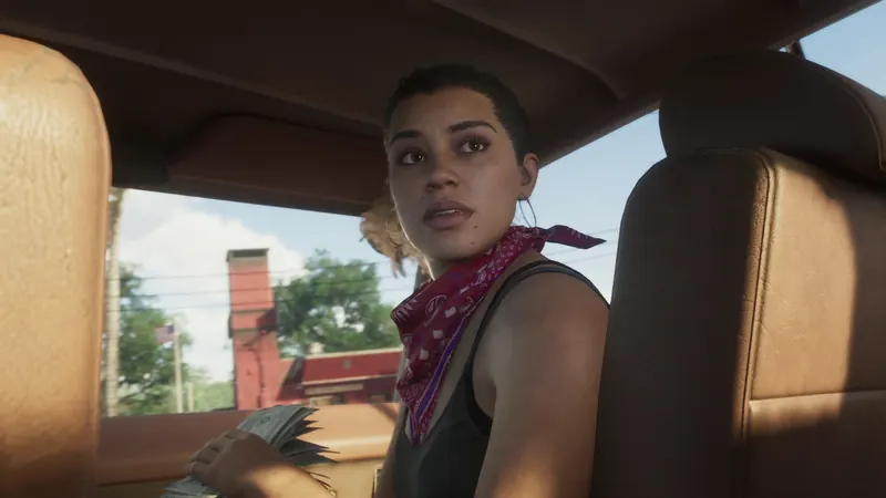 Lucia in a red bandana at the wheel of a getaway truck