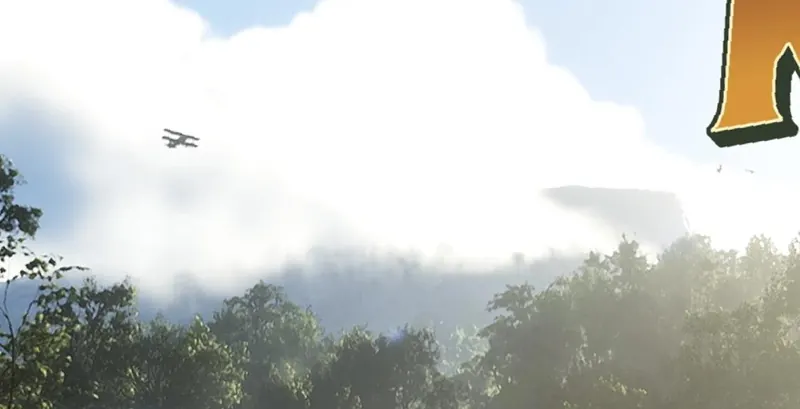 A biplane flies over the forest below Mount Kalaga