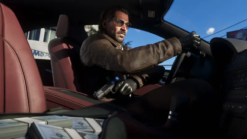 Raul Bautista drives with a pistol in hand and stacks of cash on the seat