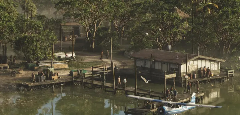 A seaplane moored by a swamp camp at Sunrise RV Park in Mariana County
