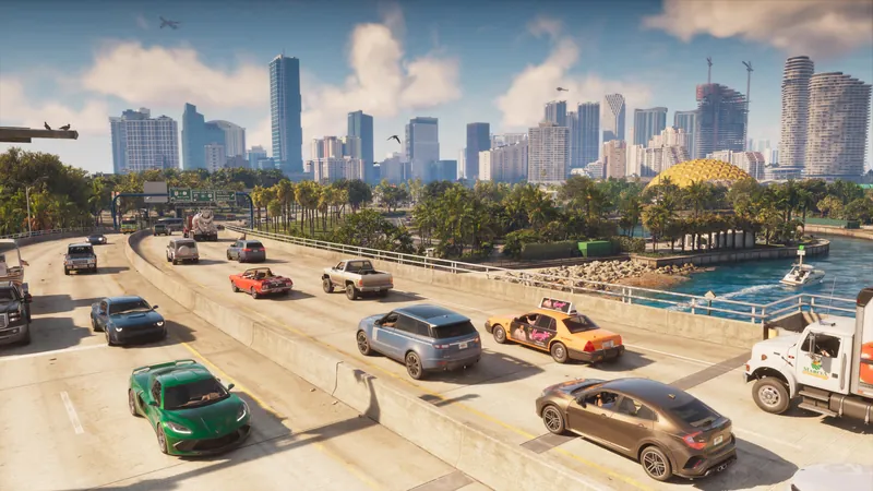 Traffic on a busy highway with the Vice City skyline behind