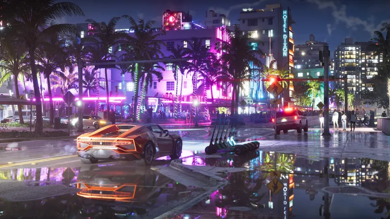A sports car on a wet neon-lit Vice City street at night