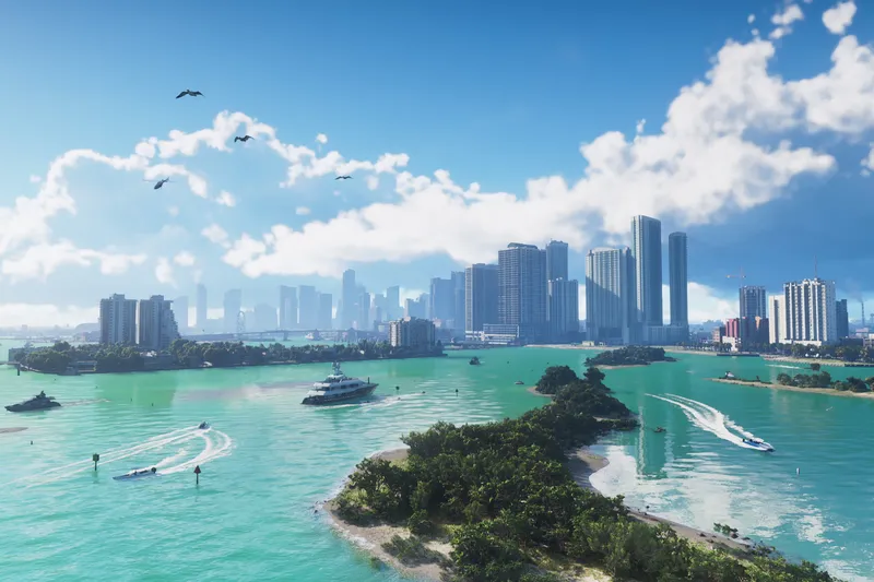 The Vice City skyline across a turquoise bay, with jet skis and boats racing past a green island