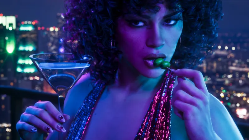 A woman with big curly hair sips a martini above the city lights