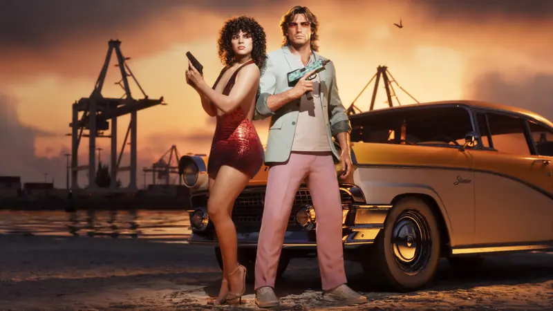 Two characters in 1980s outfits pose by a classic car at the port at sunset